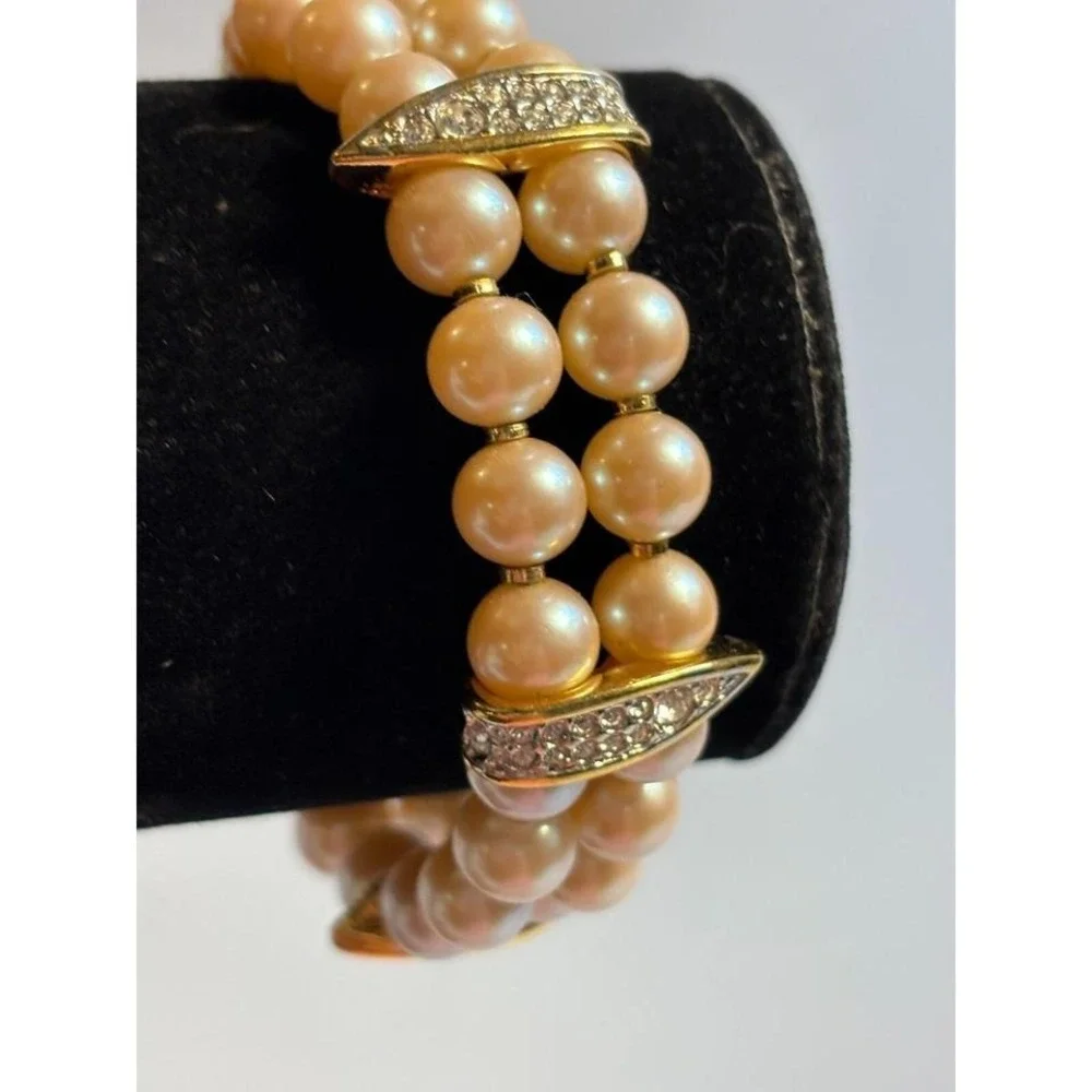 Bracelet Chunky‎ Bold 80s Maximalist Fashion Faux Pearl Gold Tone Rhinestone